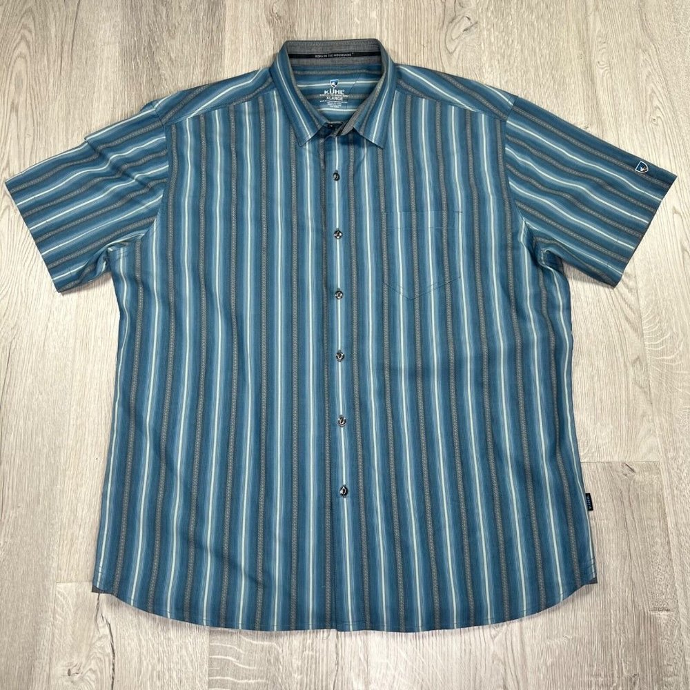 Kuhl Bohemian Button Up Shirt Blue Striped Mens Size XL Short Sleeve